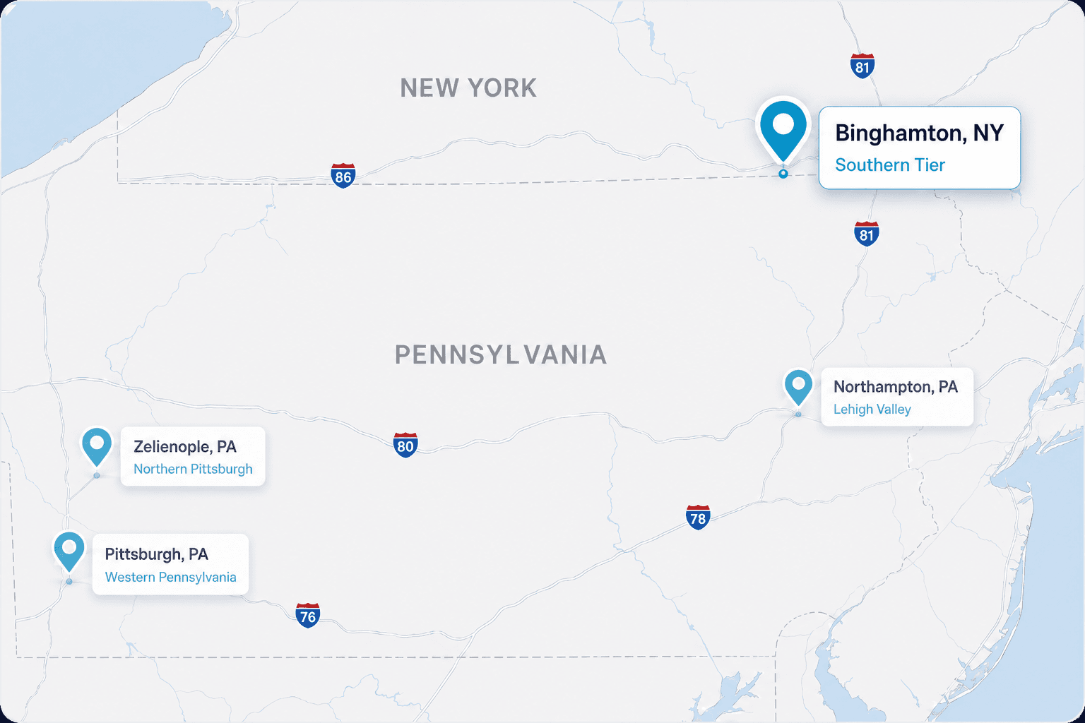Northeast market map highlighting Binghamton, New York and the Southern Tier within the Sigma Fleet Services network