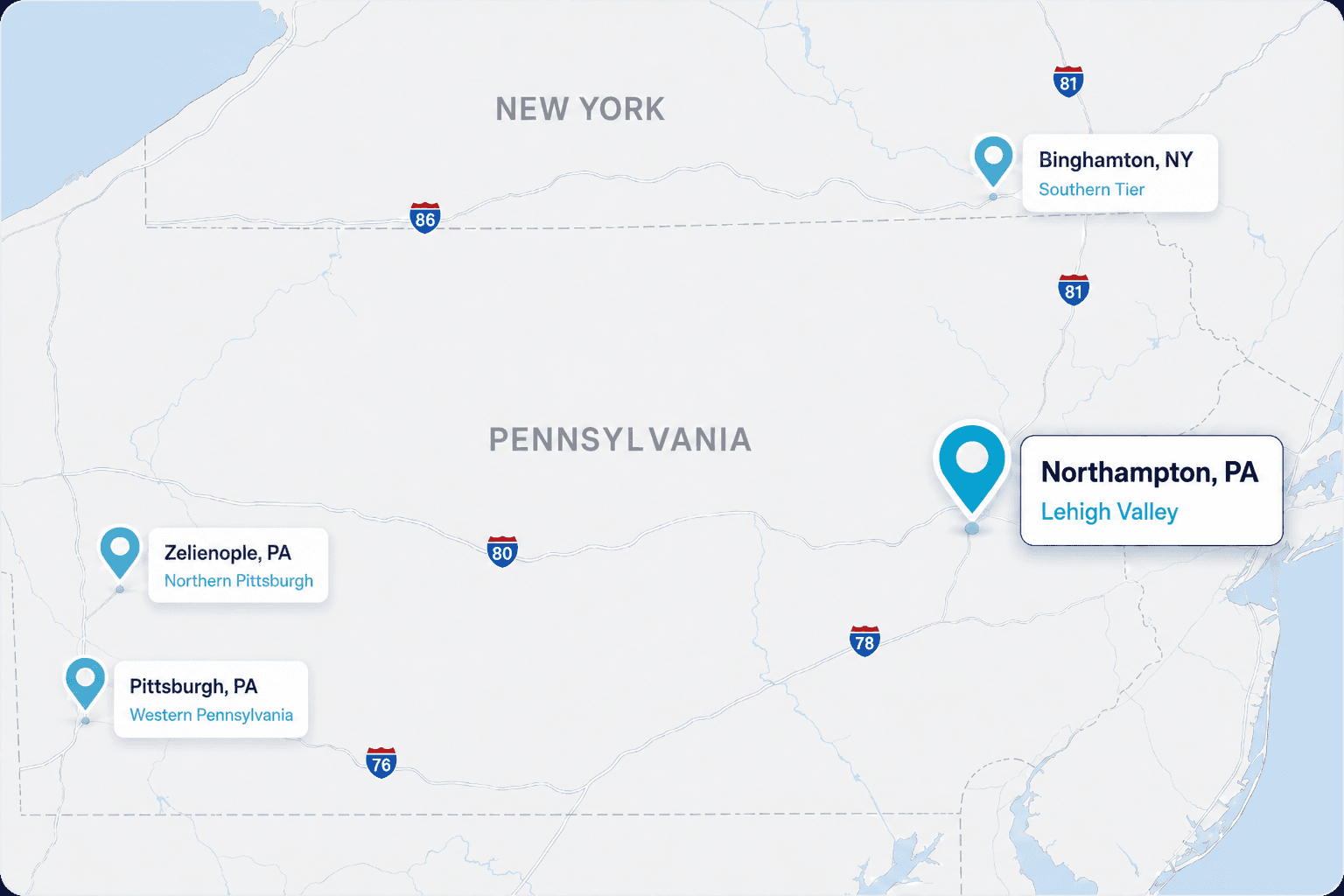 Northeast market map highlighting Northampton, Pennsylvania and the Lehigh Valley within the Sigma Fleet Services network