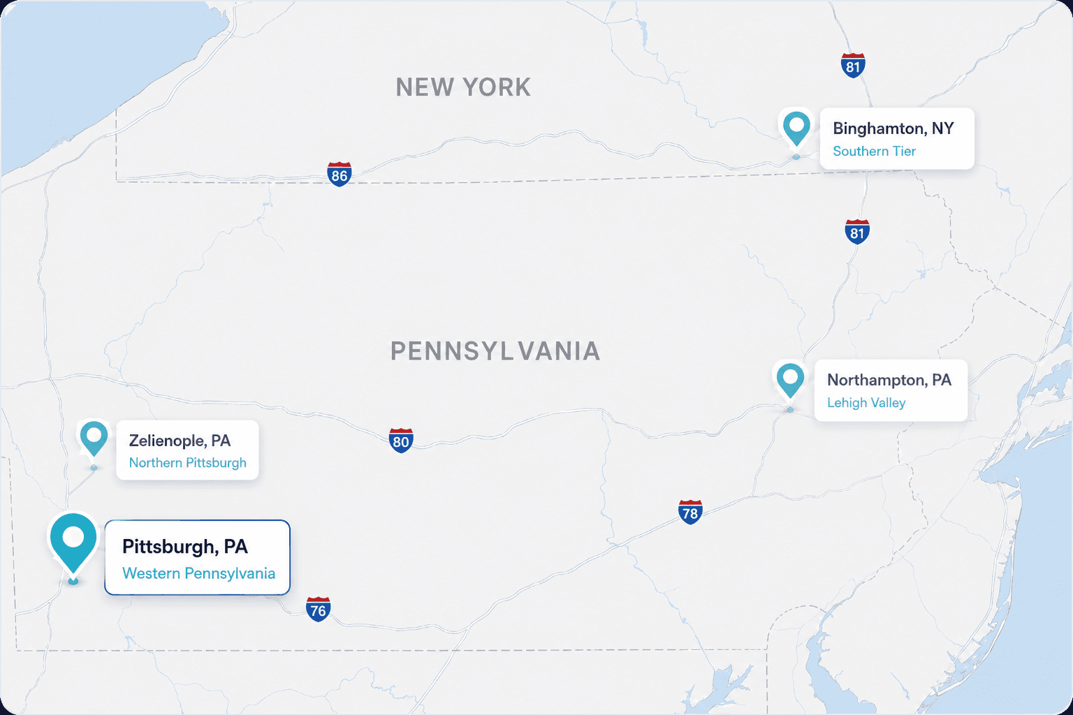 Northeast market map highlighting Pittsburgh, Pennsylvania within the Sigma Fleet Services network