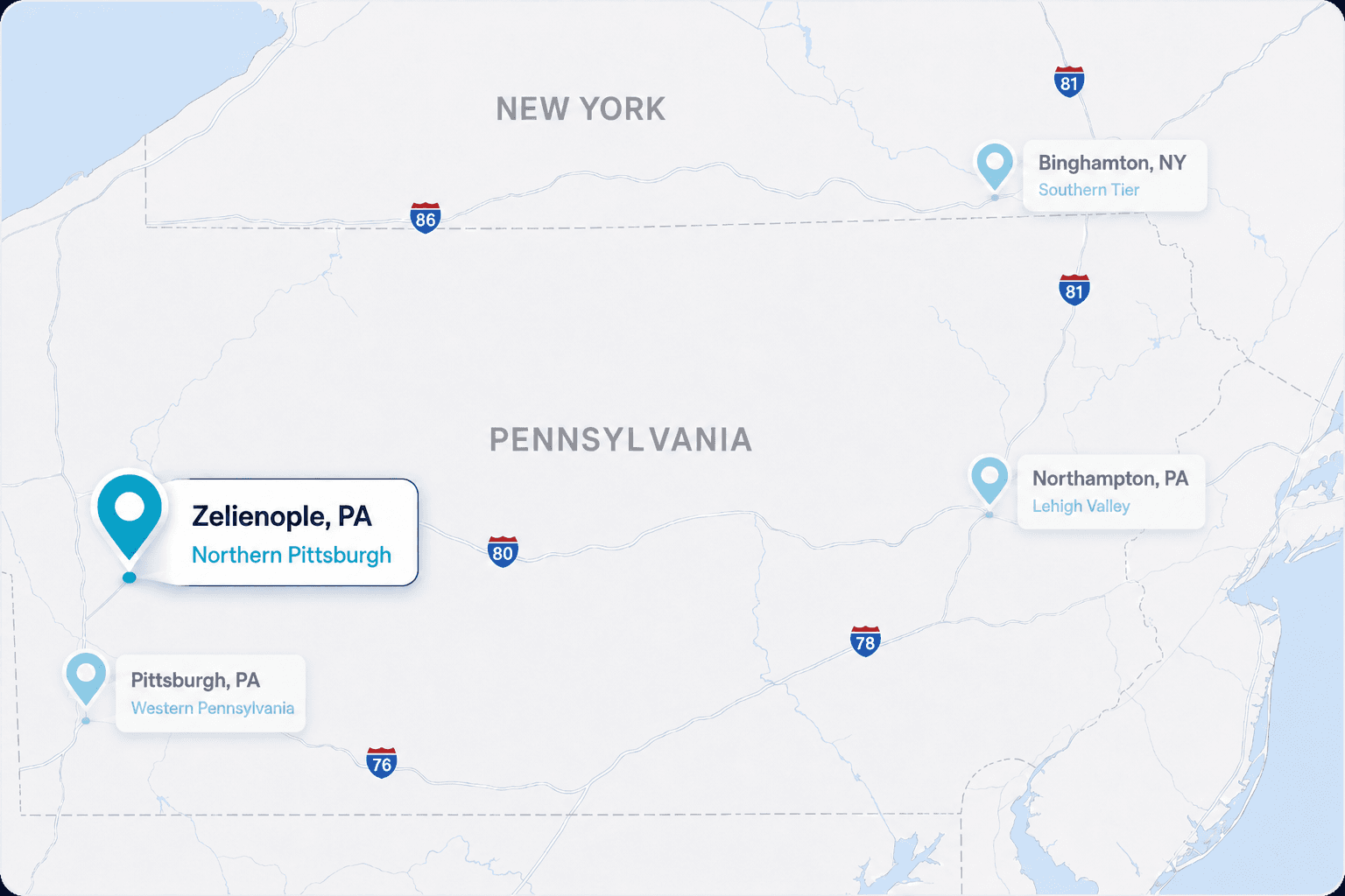 Northeast market map highlighting Zelienople, Pennsylvania within the Sigma Fleet Services network