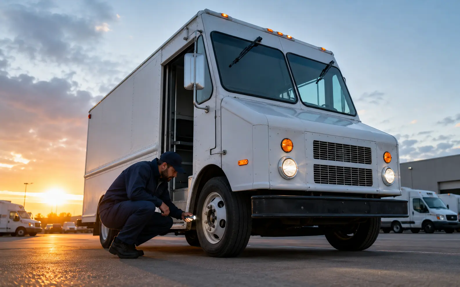 Driver performing a morning step-van inspection in a fleet yard