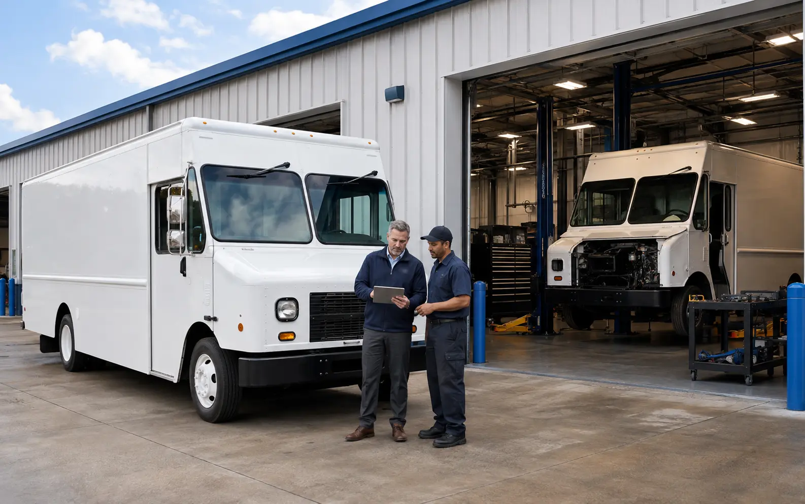 Replacement step van staged for dispatch while another commercial vehicle undergoes an extended shop repair