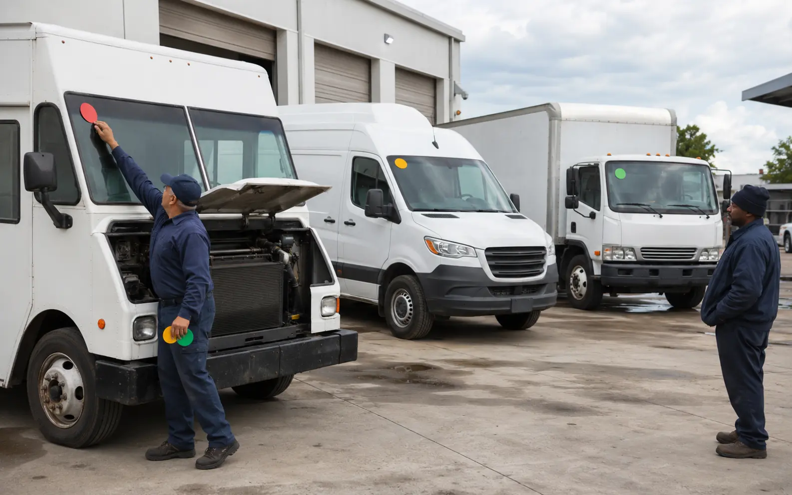 Commercial fleet vehicles organized by repair priority in a service yard