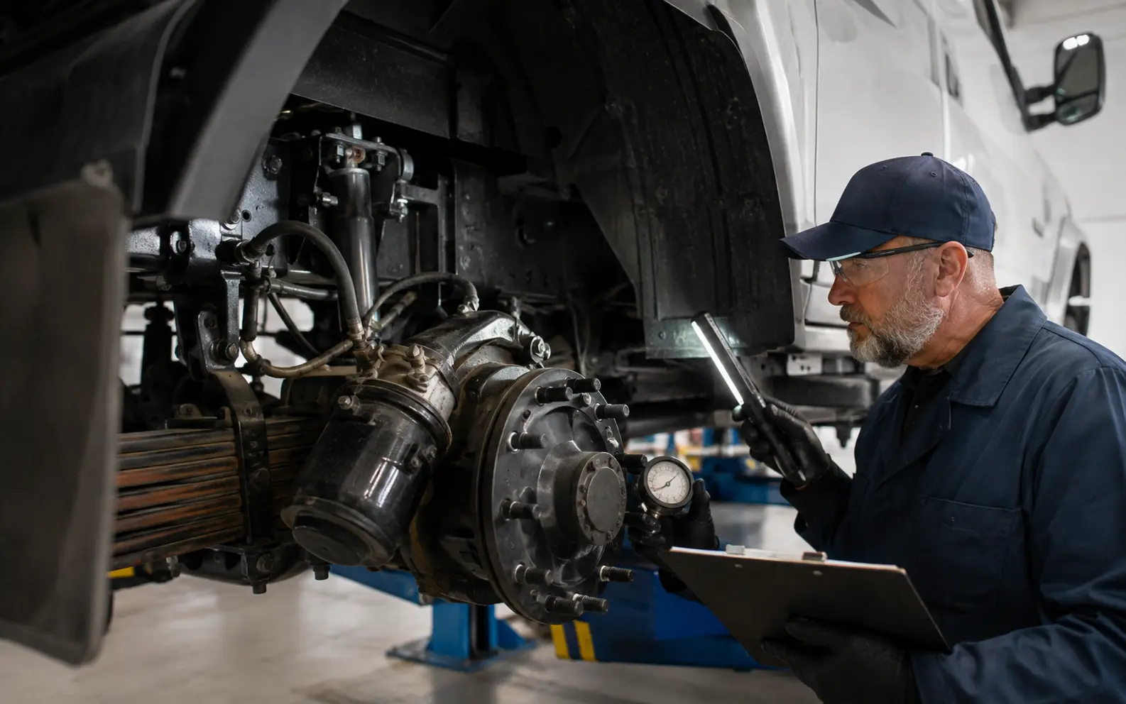 Qualified commercial vehicle inspector examining brake and suspension components