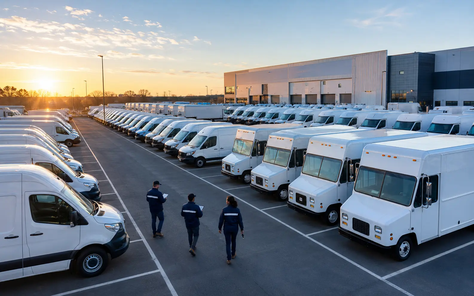 Rental delivery vehicles staged for peak-season fleet deployment