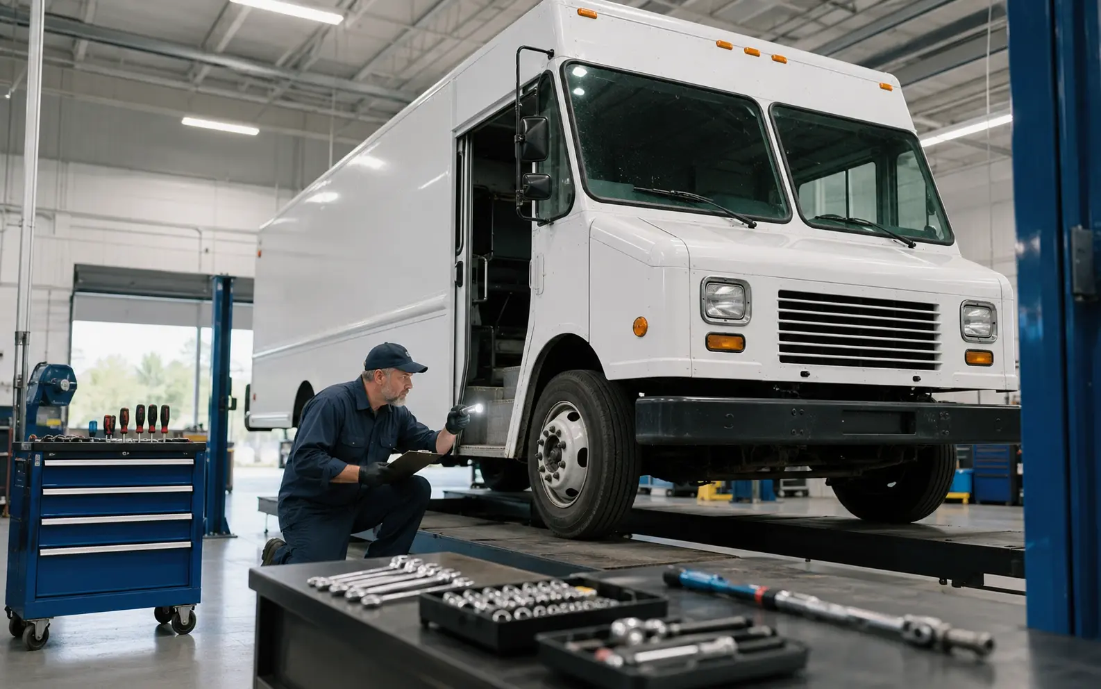 Technician conducting a systematic annual inspection on a commercial step van