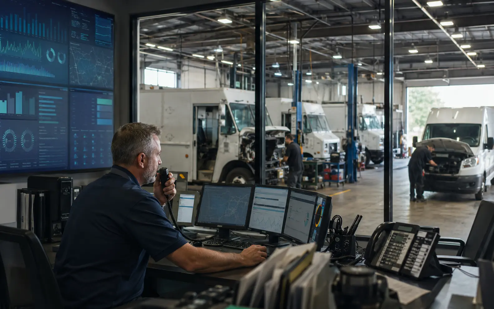 Fleet manager coordinating repair activity and vehicle availability in a commercial service operation
