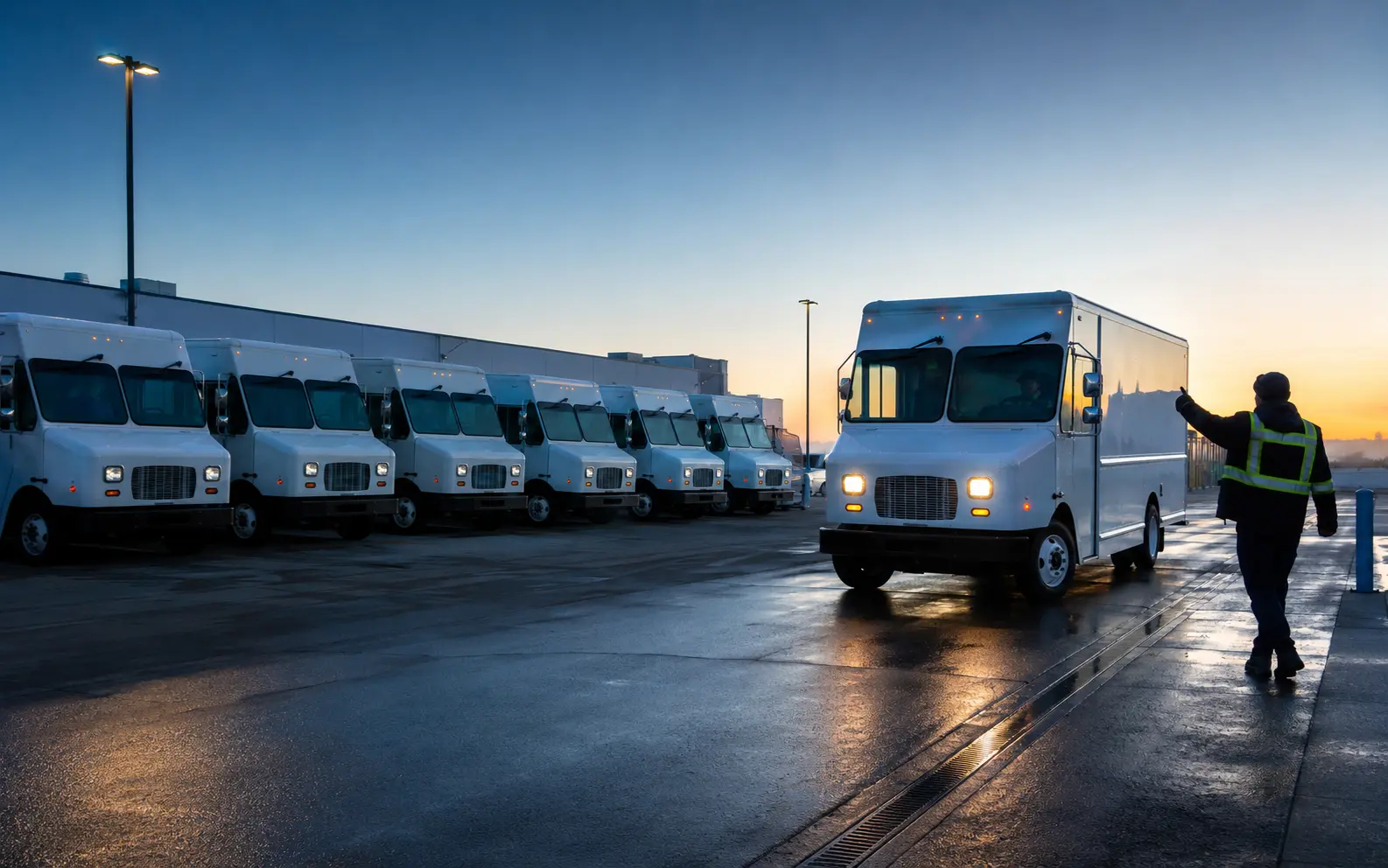 Spare commercial delivery vehicles staged and ready for route deployment