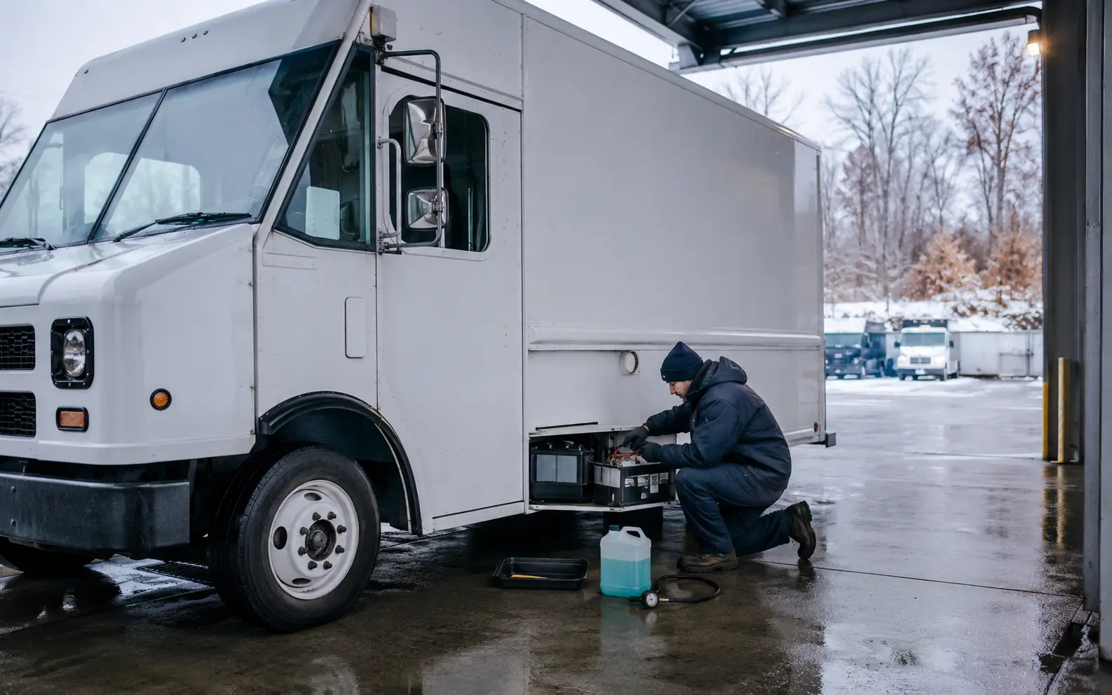 Technician preparing a commercial step van for seasonal operating conditions