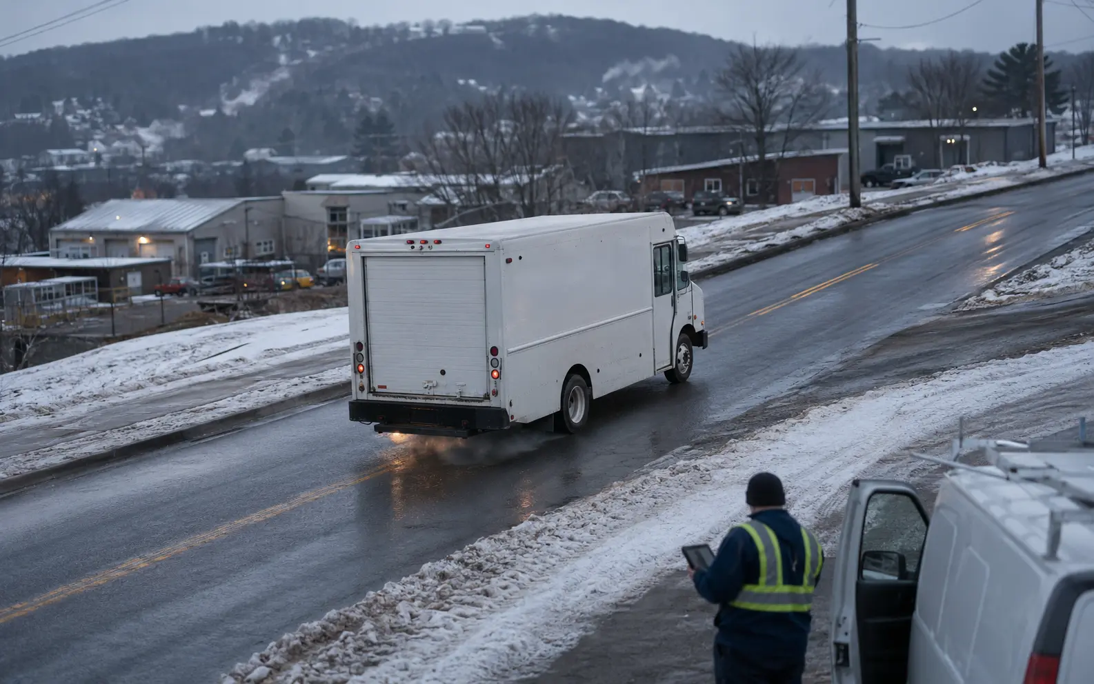 Commercial step van operating in demanding wet winter conditions