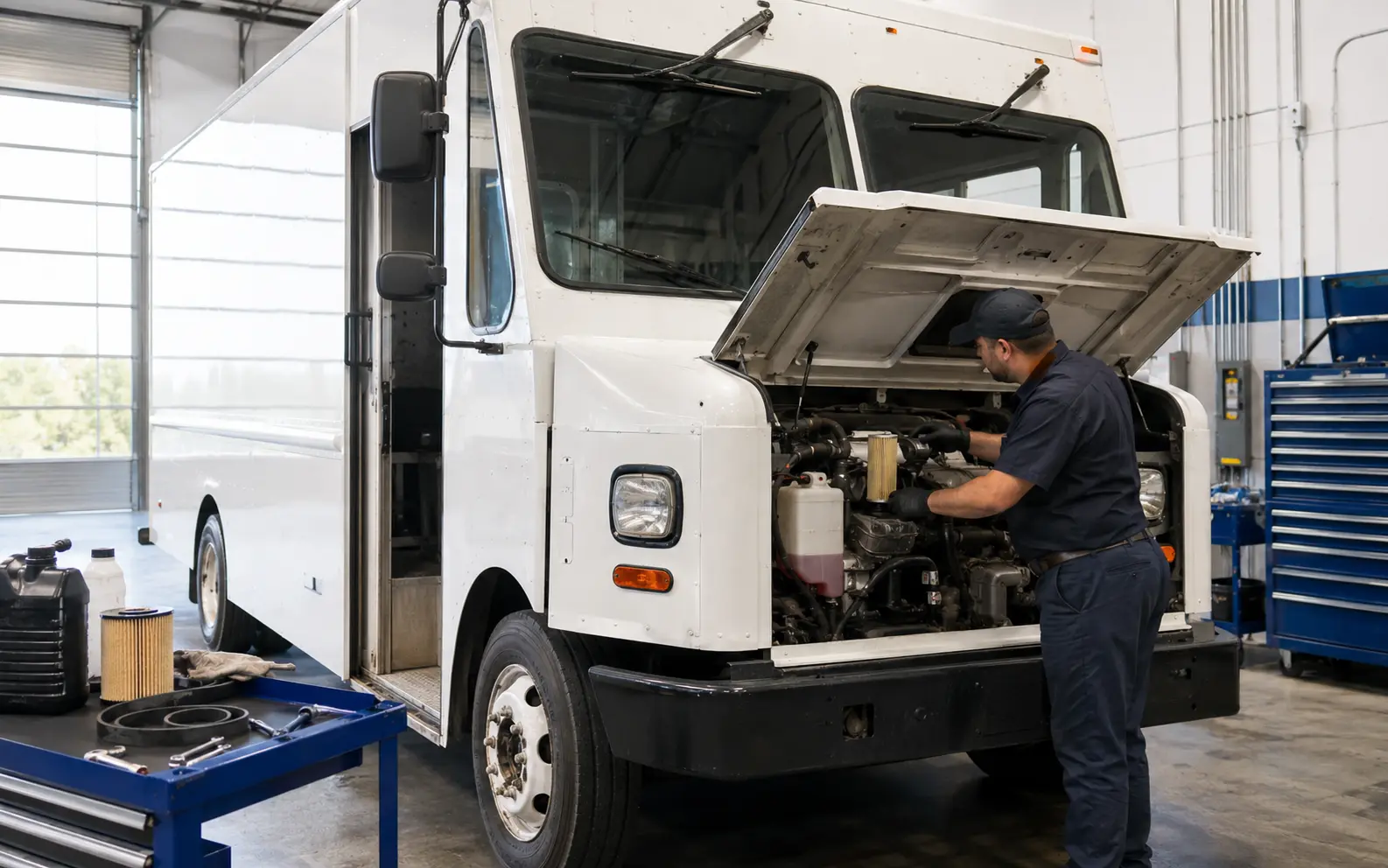 Technician completing preventive maintenance on a commercial step van