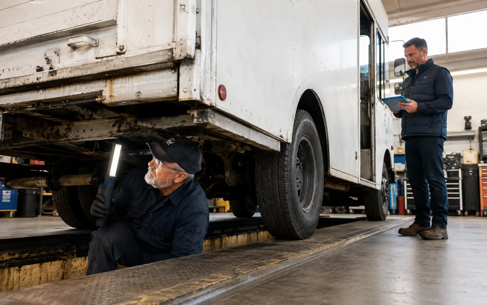 Mechanic inspecting the body and undercarriage of a used commercial step van