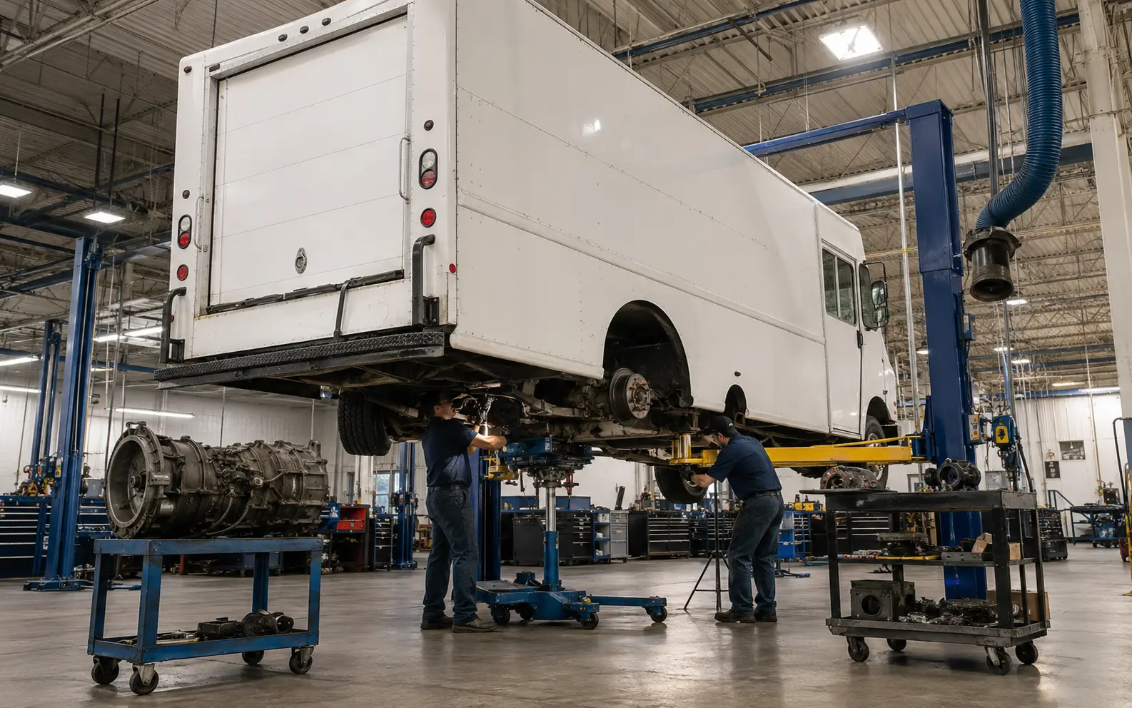 Commercial step van elevated for major repair in a professional service shop