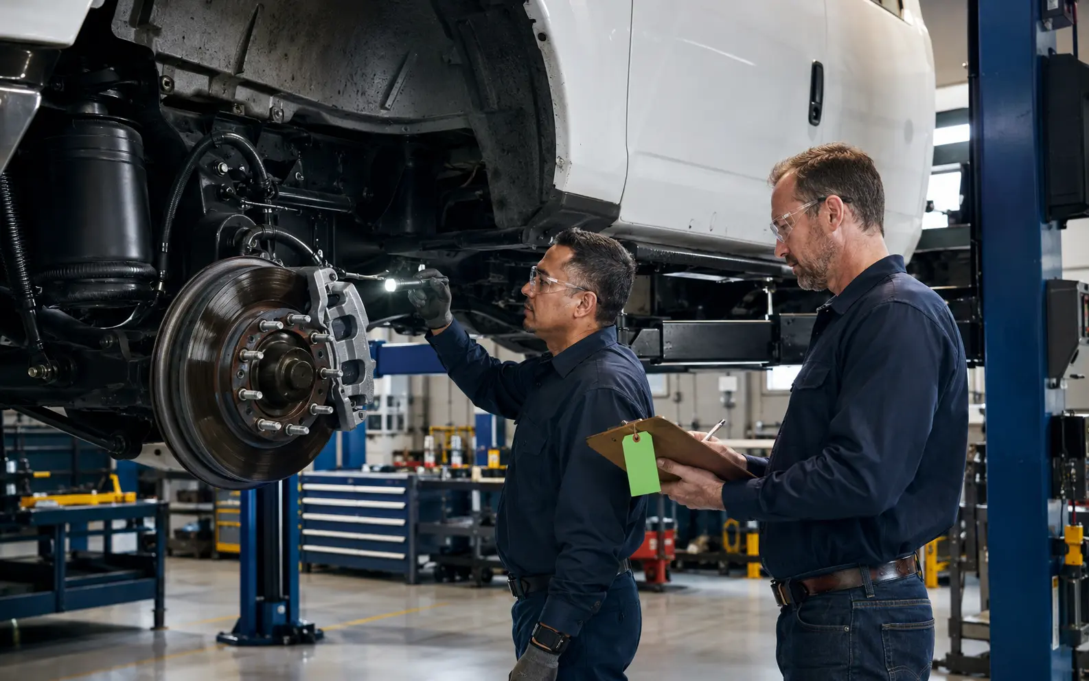 Technician and supervisor verifying a completed commercial vehicle repair