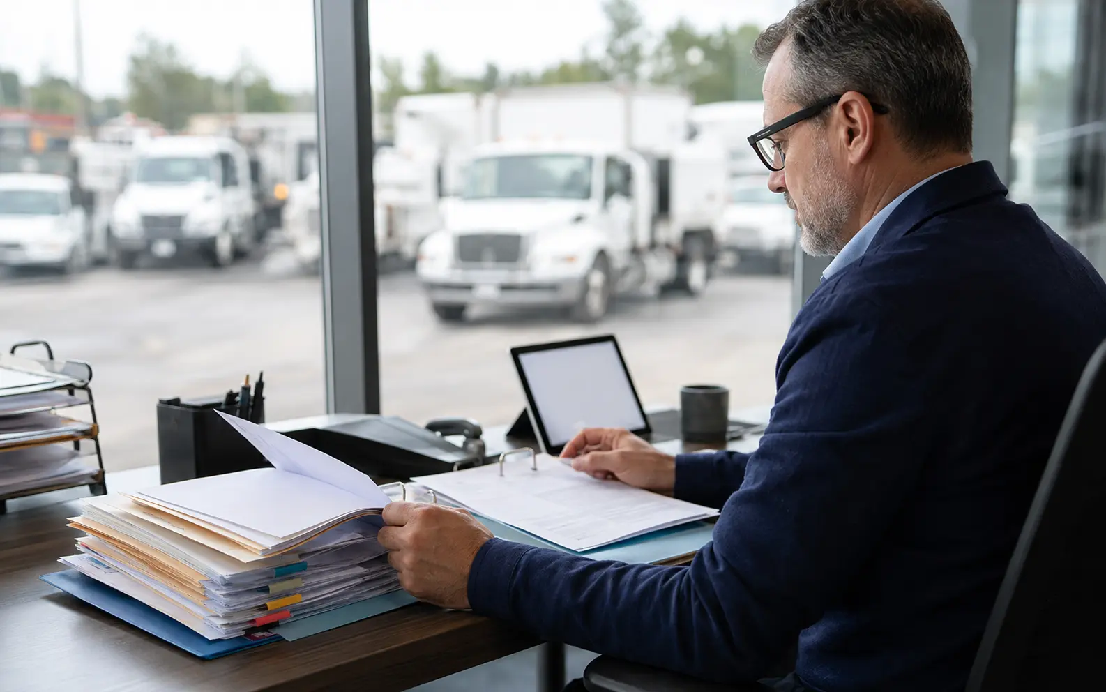 Fleet compliance manager organizing commercial vehicle inspection records