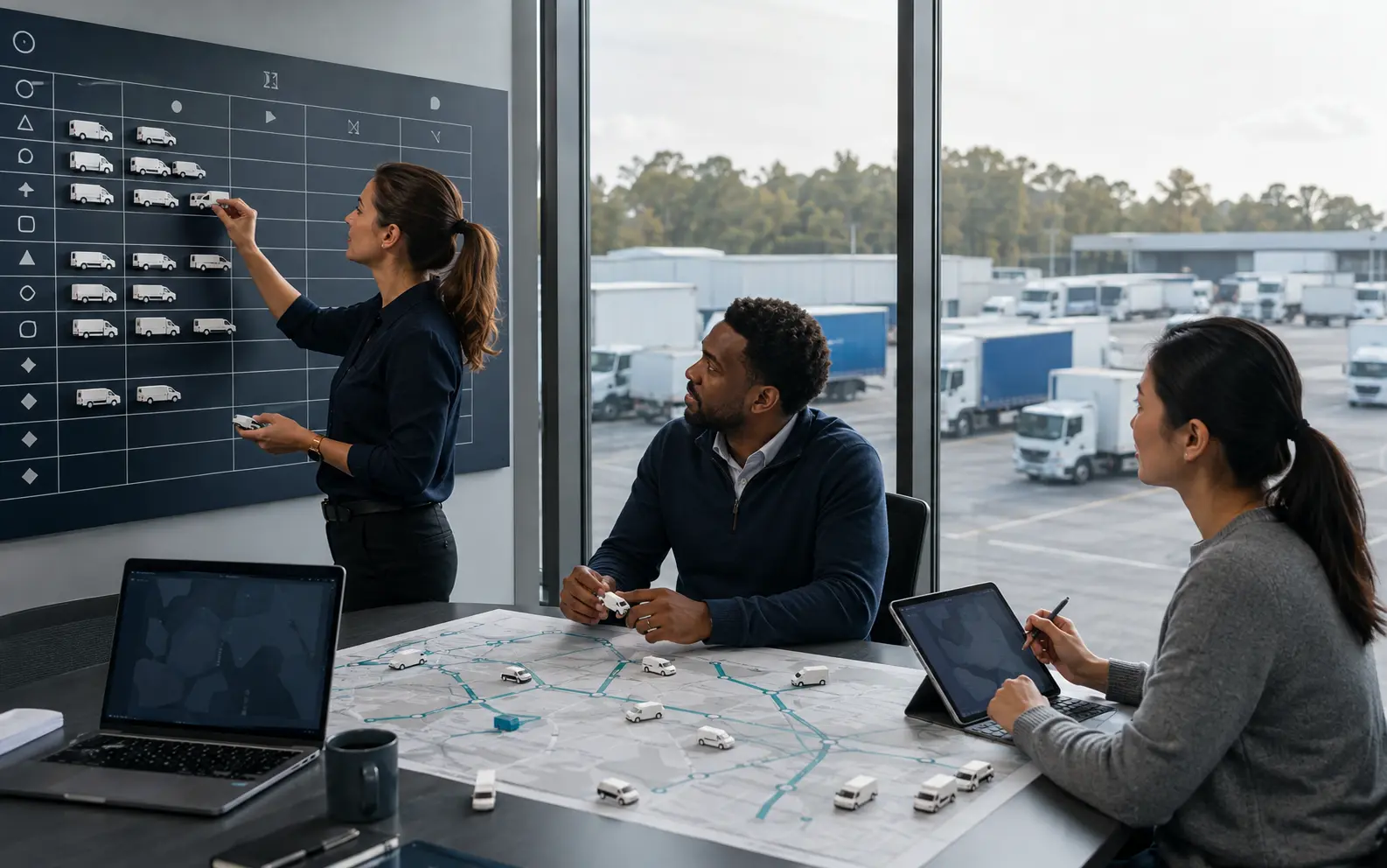 Fleet planning team calculating peak-season vehicle capacity