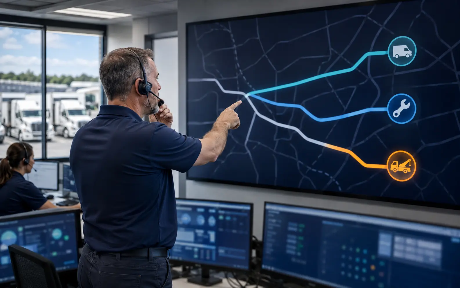 Fleet dispatcher routing commercial vehicles to the appropriate service option