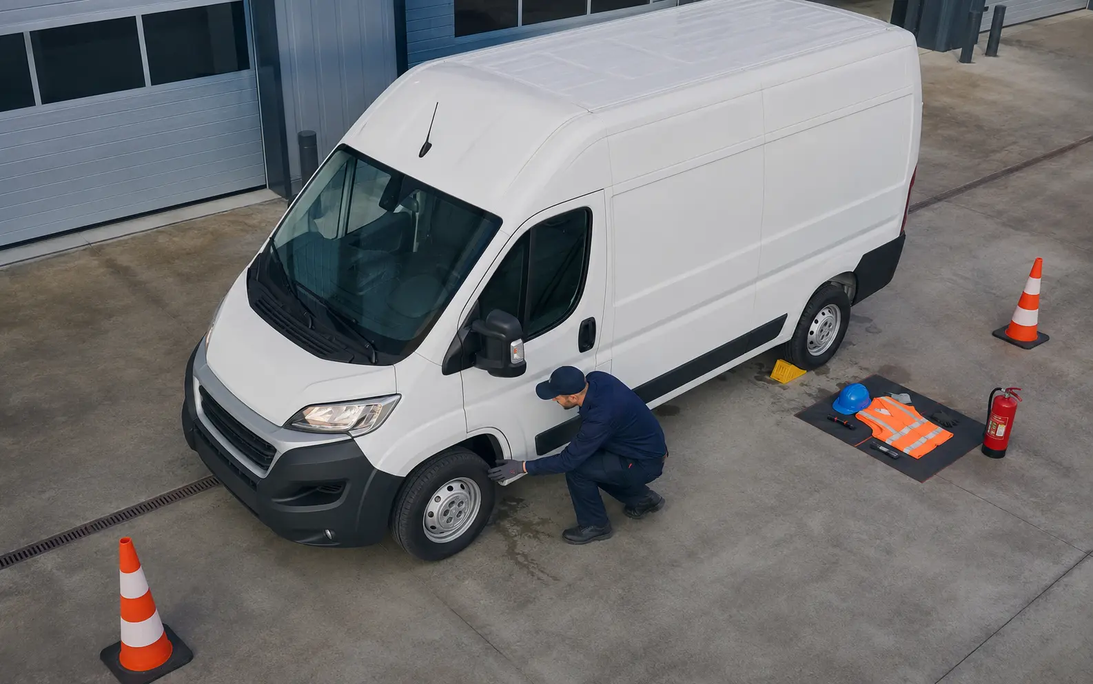 Technician performing a commercial vehicle pre-inspection walk-around