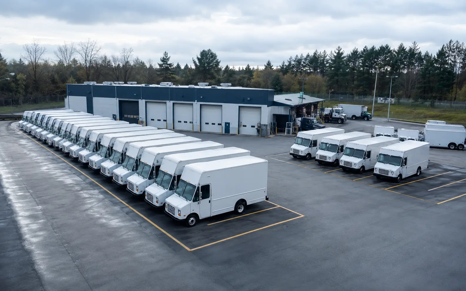 Organized delivery fleet yard with route vehicles and a distinct row of reserve step vans