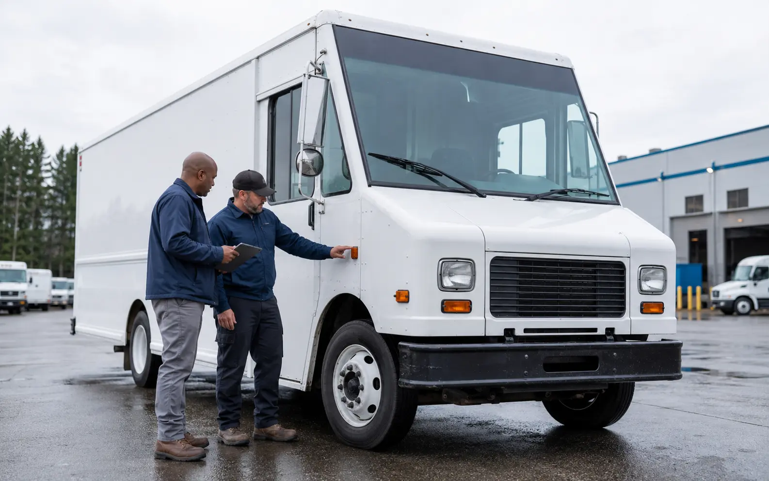 Fleet manager and driver completing a detailed commercial step-van rental handoff inspection