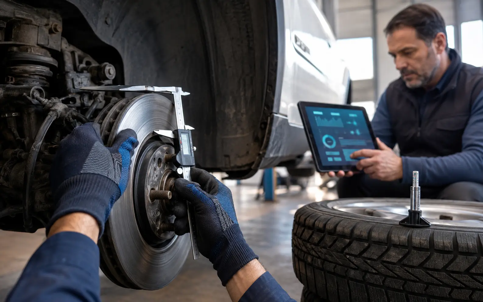 Technician measuring commercial vehicle brake and tire wear