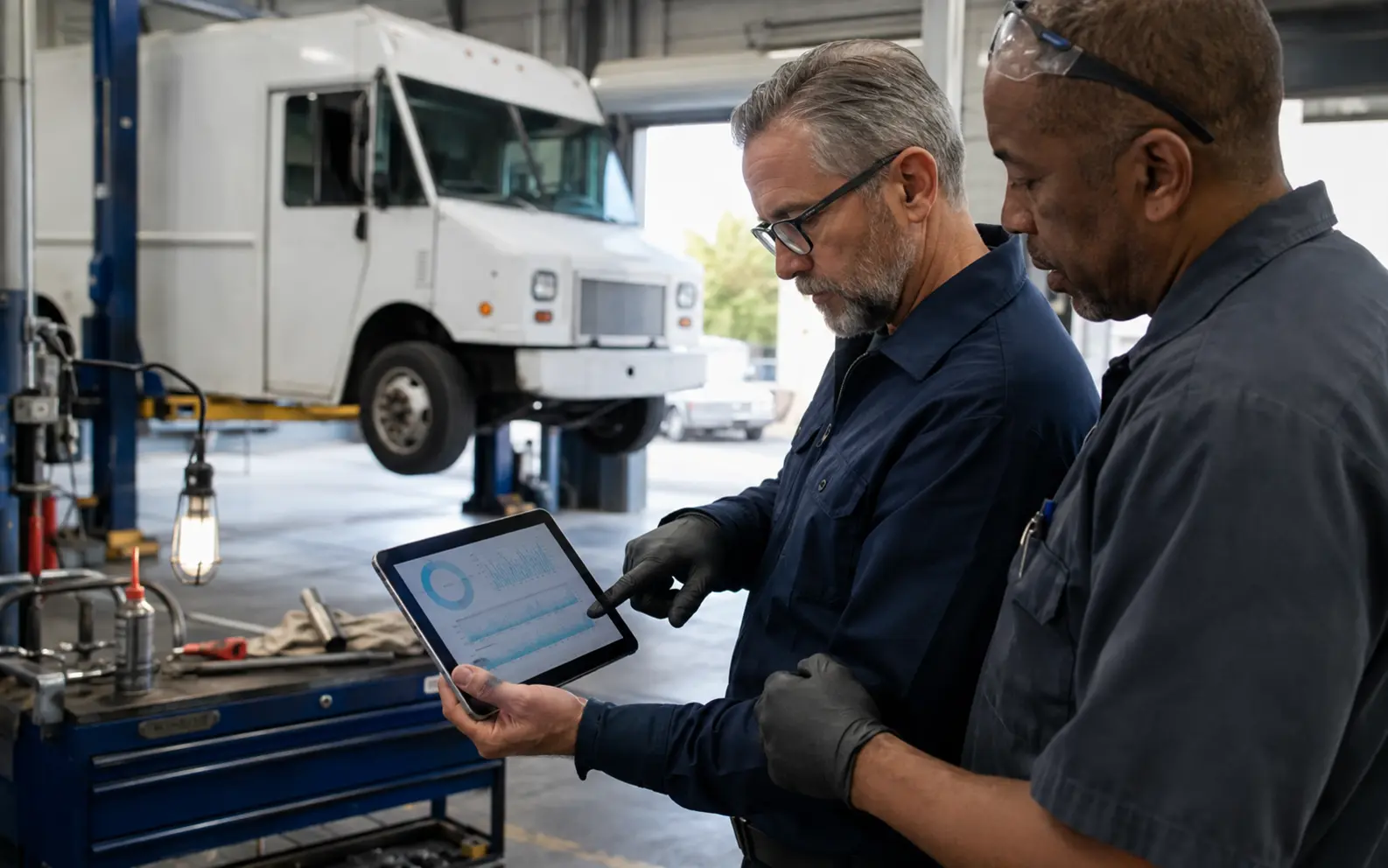 Fleet manager and technician reviewing repair-cycle timing beside a commercial service bay