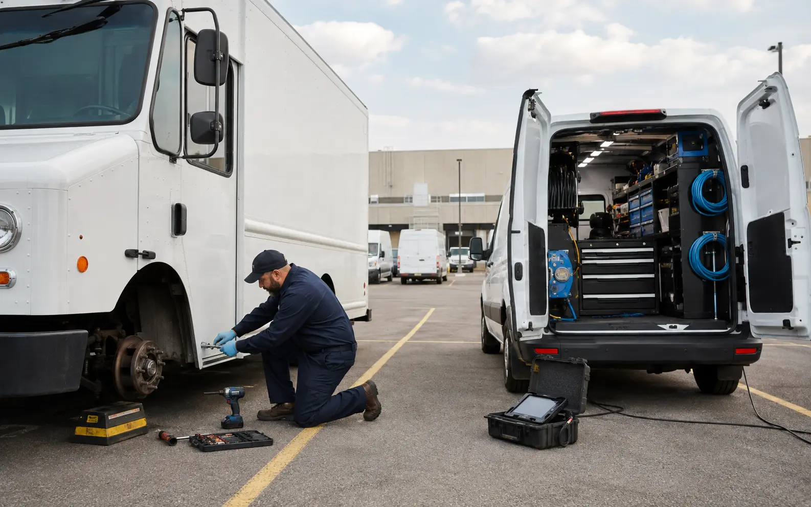 Mobile fleet technician repairing a delivery vehicle at a customer facility