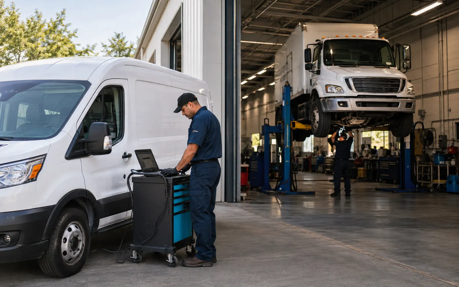 Mobile fleet service and full shop repair operations shown in one commercial facility