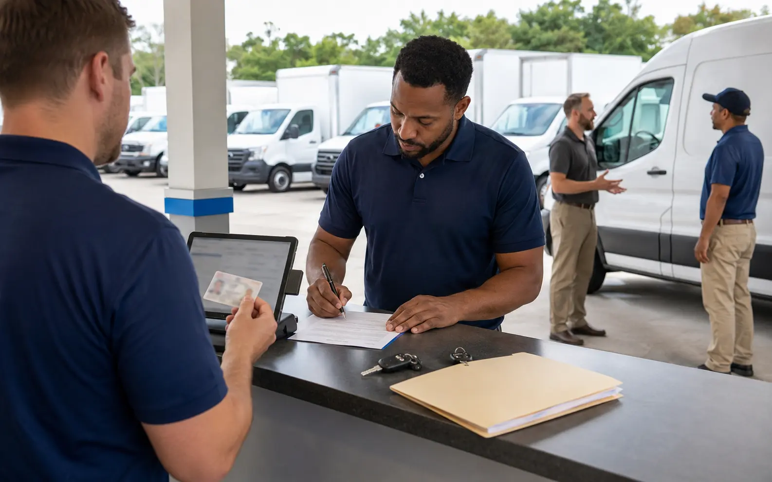 Commercial rental driver completing vehicle and documentation readiness checks