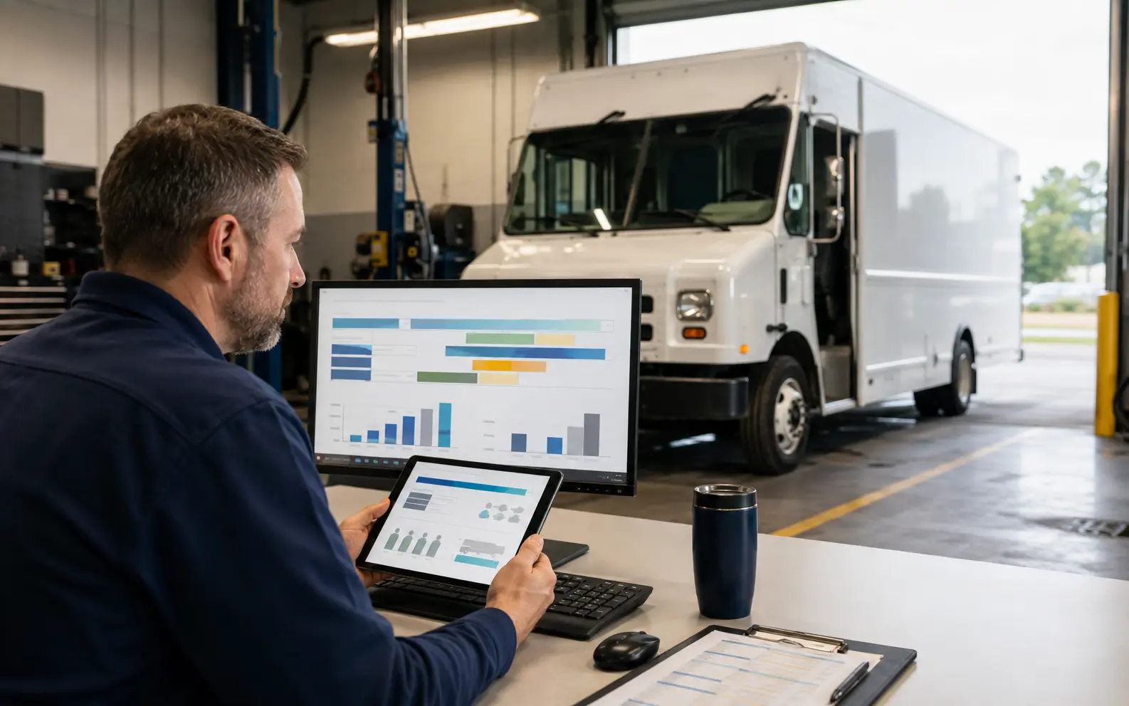 Fleet manager comparing repair timing and temporary replacement capacity beside a commercial service bay
