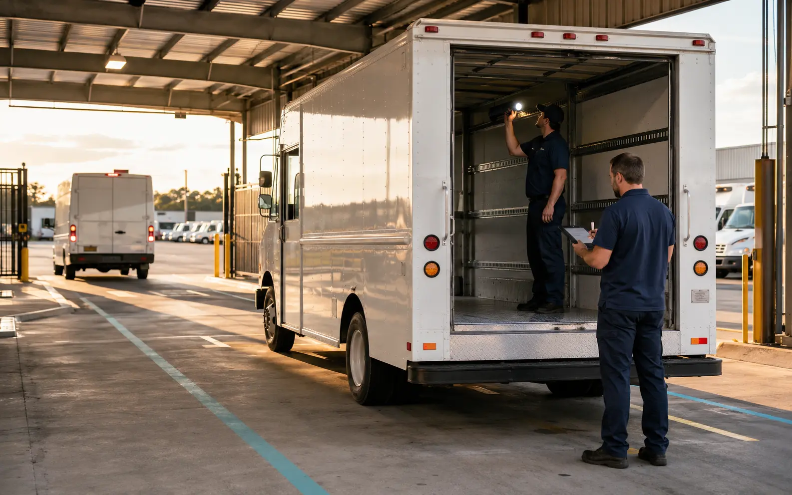Returned commercial rental vehicle moving through a structured inspection lane