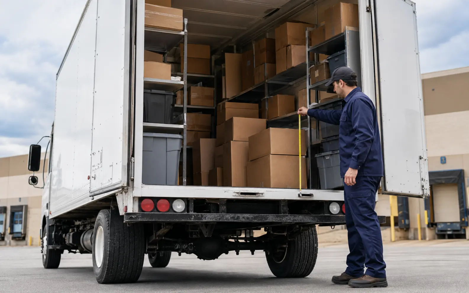 Fleet specialist evaluating cargo arrangement and load distribution in a step van