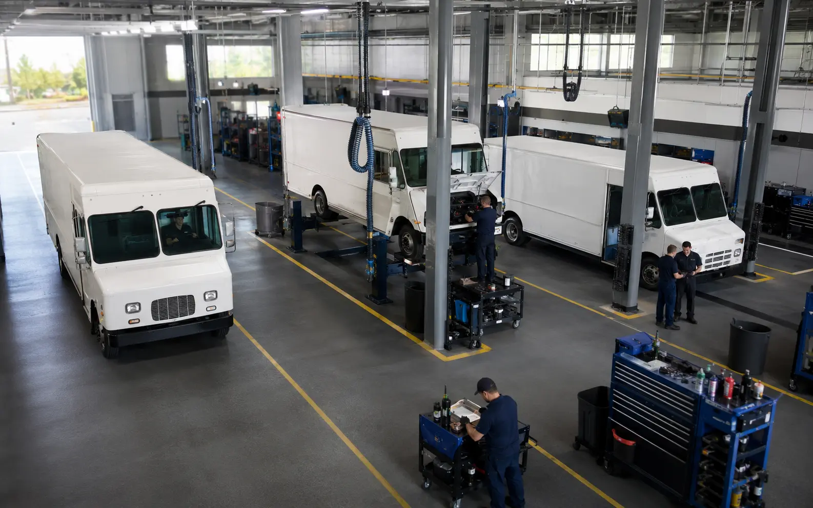 Multiple step vans moving through an organized preventive-maintenance program