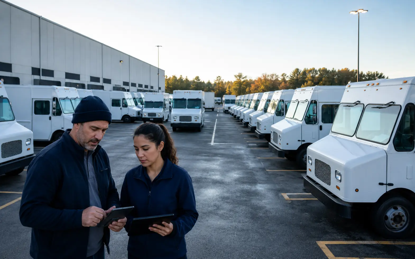 Commercial step vans staged in planned waves for a route launch and fleet transition