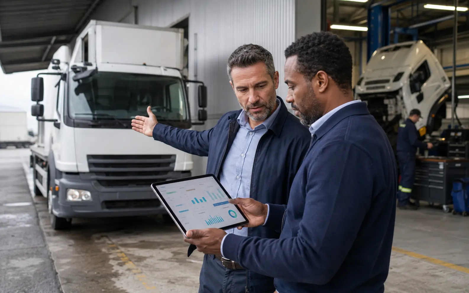 Fleet leaders comparing repair cost and downtime beside an active service bay