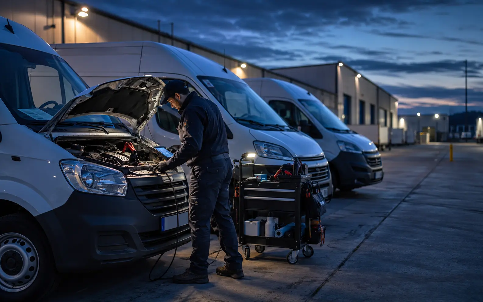 Mobile technician performing diagnostics on delivery vehicles at a fleet yard